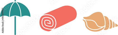 A colorful illustration of beach essentials on a clean white background