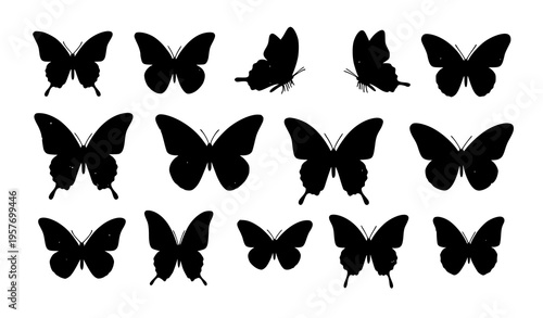 Butterfly silhouette set vintage grunge photocopy effect Y2K aesthetic vector illustration