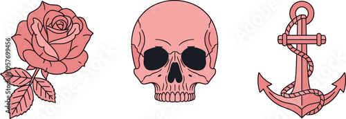 A set of pink tattoo designs featuring a rose, skull, and anchor