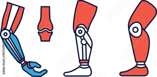 A collection of prosthetic legs in various designs and colors for medical use
