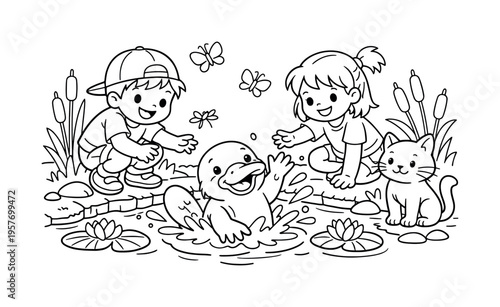 Children enjoying a sunny meadow, watching a wombat near its burrow, smiling and pointing, flowers, friendly butterflies, and a