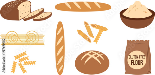 A collection of various bread types and gluten-free flour for baking