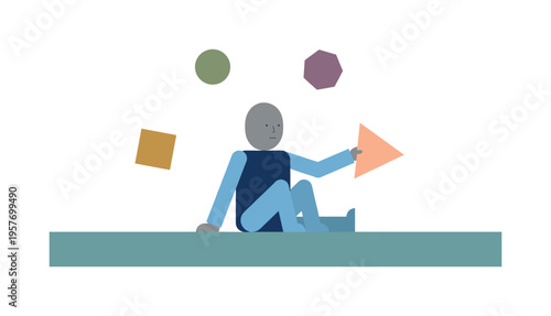 Individual gently drawing one abstract shape closer while maintaining distance from others, beginning reflective separation.