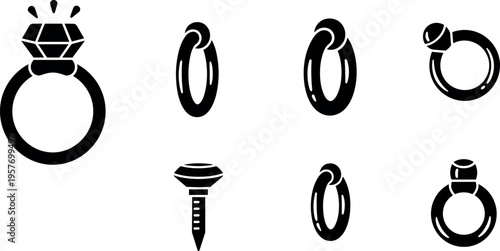 A collection of various ring and screw icons in black and white
