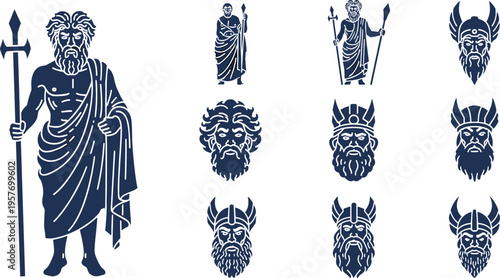 A collection of ancient Greek and Viking warrior illustrations and icons