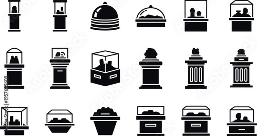 A collection of black and white icons depicting various display cases