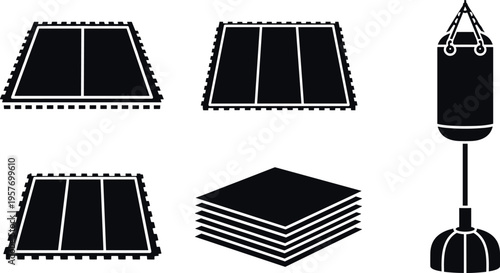 A collection of black and white icons for boxing and fitness equipment