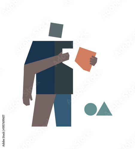 Abstract figure holding geometric shapes, representing concepts of data and information