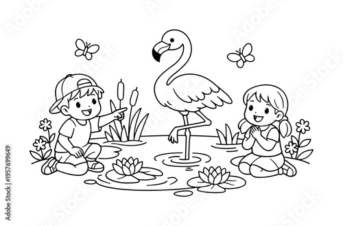 Children Admire Flamingo. Children watching a flamingo standing in a graceful pose, smiling and pointing, pond, reeds, flowers,