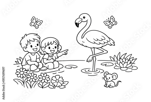Children enjoying a sunny outback scene, watching a kangaroo joey hop around, smiling and pointing, flowers, friendly butterflies