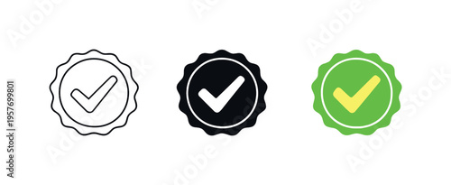 Success metaphor conveyed through a circular approval seal with check shape inside, same silhouette echoed in a horizontal trio,