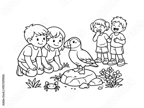 Children kneel near a puffin on a rock