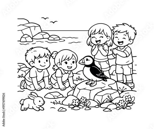 Children smile as they observe a puffin on rocky shores