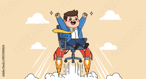 A cartoon man riding a rocket with arms raised in excitement against a light orange background with clouds.