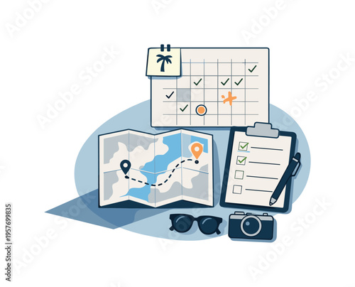 Minimalist Travel Planner. Refined contemporary vacation itinerary planning concept with essential calendar map and checklist