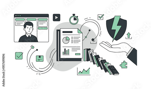 Business risk management and security strategy with domino effect and shield icon