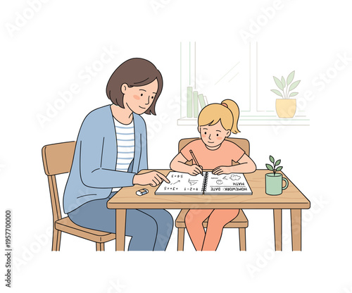 Parent helping child solve homework tasks during quiet afternoon, both seated with open notebook and pencil, relaxed posture and