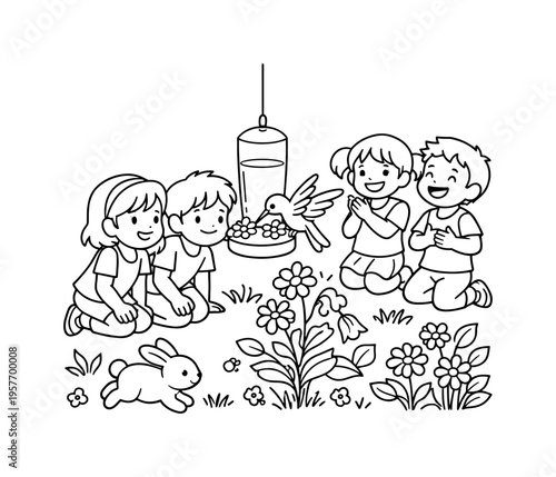 Children smile, gathered around a bird feeder in a sunny garden