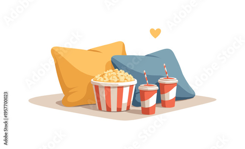 Minimal family movie night essentials with sofa cushions popcorn and cups loosely arranged seen from a slight angle, offset to