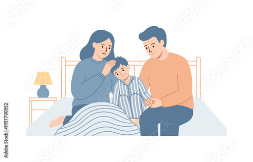 Parents gently comforting child during quiet night routine, close seating and calm gestures emphasizing care and reassurance,