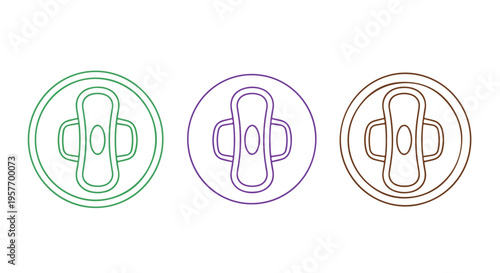 Three colored line icons of sanitary pads in green, purple, and orange on white background.
