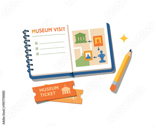 Minimal museum visit planning concept with notebook map ticket and pencil loosely arranged seen from a top-down angle, offset to