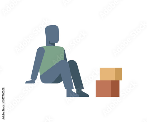 Person navigating conceptual space resolved as the figure rests calmly in open white space with one balanced form nearby,