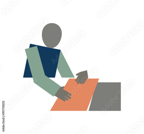 Person gently repositioning one abstract shape, exploring consequences with deliberate care. Stylized editorial character