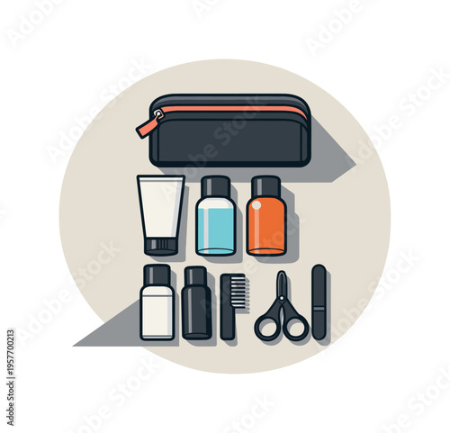 Refined contemporary minimal travel toiletries concept with essential pouch bottles and grooming tools subtly offset and aligned
