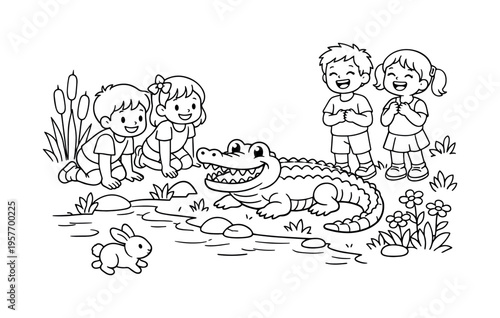 Children smile as they observe a friendly alligator