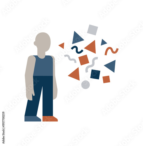 Abstract representation of a person with scattered geometric shapes emanating from their head