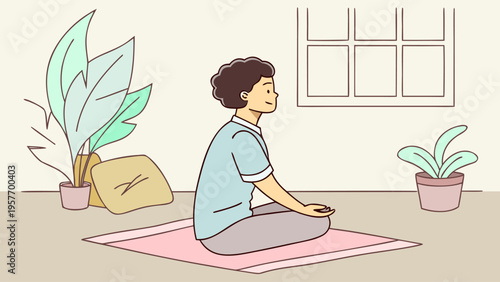 Peaceful person meditating indoors with plants and soft colors. Minimalist wellness, mindfulness, relaxation, self-care concept illustration.