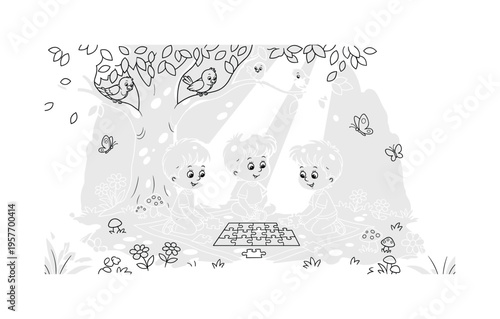 Puzzle time with children sitting under a tree assembling a puzzle, flowers and mushrooms growing around, friendly birds perched