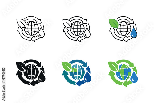 Balanced growth icon combining a leaf, globe, recycle symbol, and water drop, representing economic stability, sustainability,