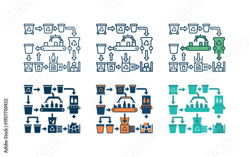 Recycling workflow management illustration depicting bins, arrows, and materials organized to show the recycling process, repeated