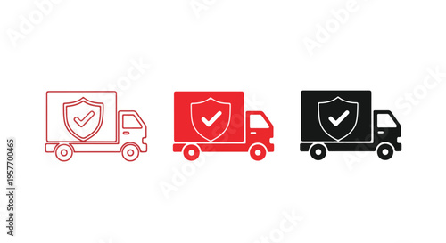 Three delivery trucks with shield and checkmark icons in red, white, and black on a plain white background, simple line style.