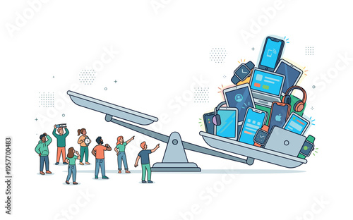 Tech-driven lifestyle scene unfolding in open space where a giant tilted scale balances glowing devices on one side and tiny human