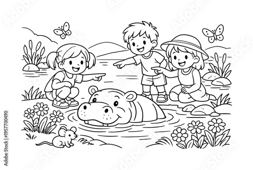 Children enjoying a sunny river scene, watching a hippopotamus bathe, smiling and pointing, flowers, friendly butterflies, and a