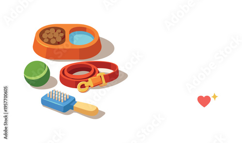 Minimal pet care daily essentials concept with pet bowl leash toy and brush loosely arranged seen from a top-down angle, offset