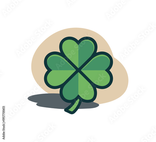 Minimal clover leaf badge viewed straight-on with balanced four-leaf geometry, placed in the right third of a 3:2 canvas leaving