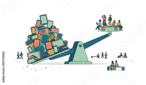 Seesaw balancing pile of gadgets against group of people, symbolizing digital overload