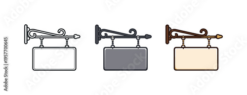 Retail positioning scene portrayed as a hanging shop signboard with short bracket and blank face viewed from the side as one