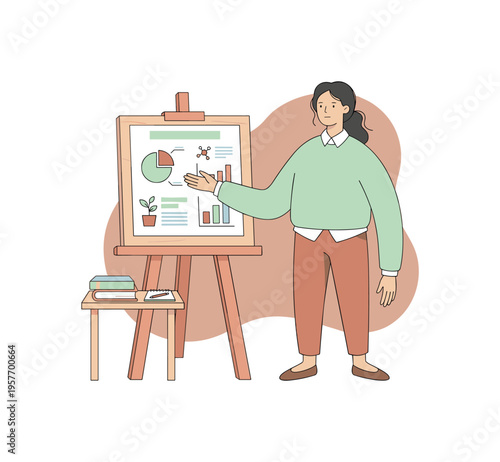 Soft student gestures gently while presenting a school project as materials stay arranged and focus remains | scene of student