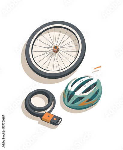 Minimal cycling commute lifestyle concept with bicycle wheel helmet and lock loosely arranged seen from a top-down angle, offset