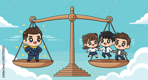 Cartoon illustration of a businessman on one side of a balance scale with three colleagues on the other against a blue sky with clouds.