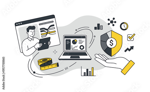 Modern minimal flat vector conceptual collage, crisp hard edges, consistent THIN outline stroke, rounded corners where needed,