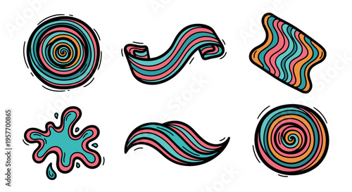 A colorful set of six swirly vector graphic illustrations with rainbow hues and black outlines