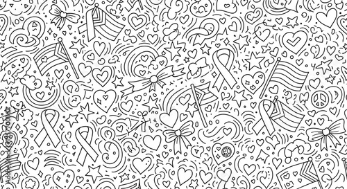 A black and white vector graphic illustration of various doodle designs and symbols on a white background
