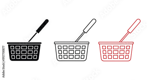Three colored shopping basket icons in black, gray, and red on a white background.
