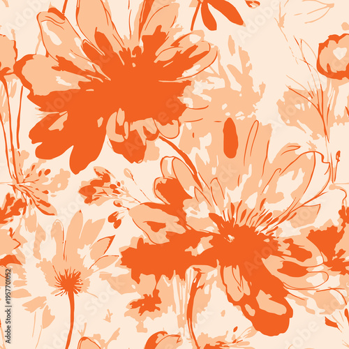 Schilderij op canvas Seamless orange abstract floral pattern illustration with painterly style